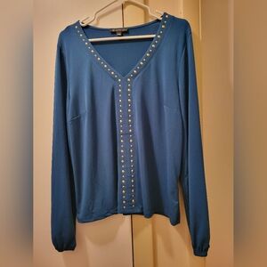 INC International Concepts Long Sleeve Studded V-Neck Blouse - Teal Blue - Large
